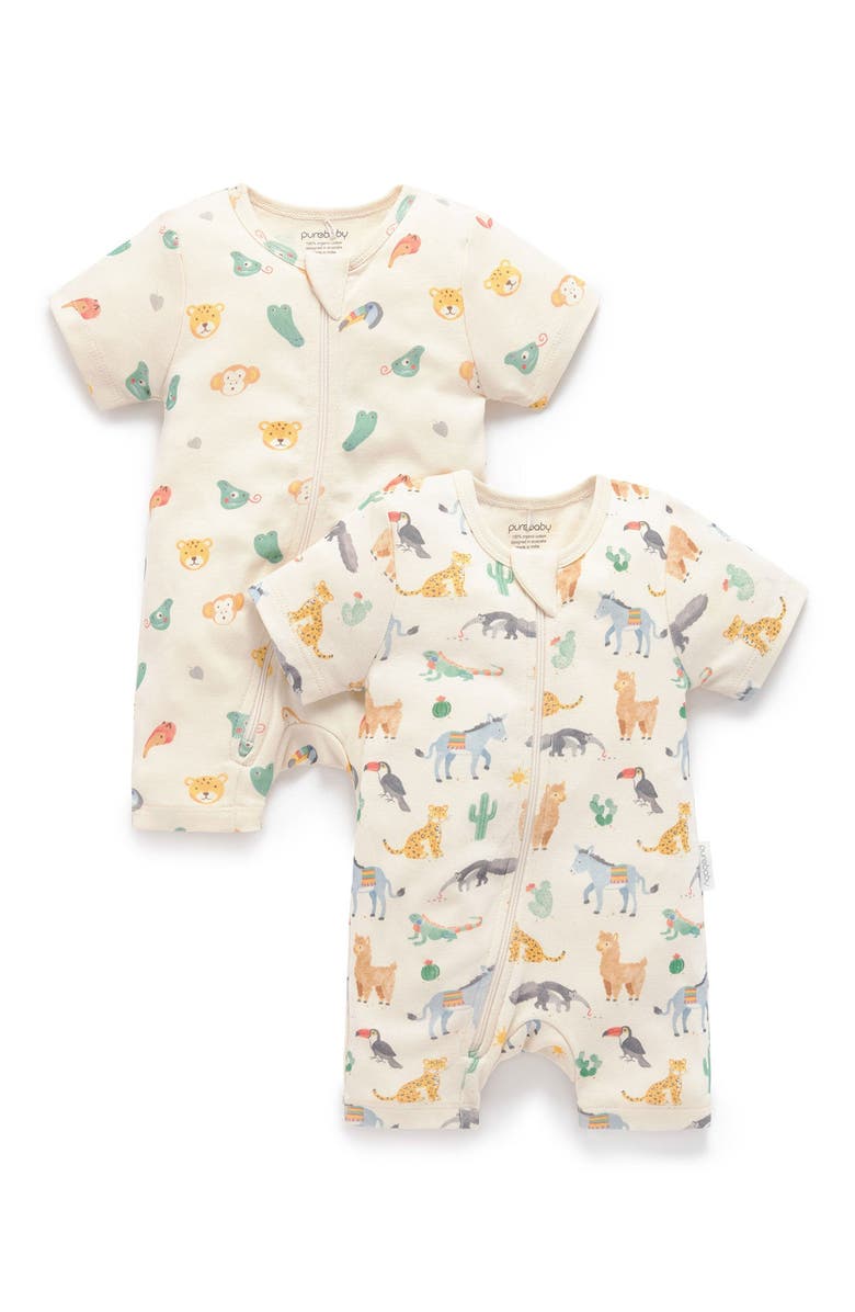 Purebaby 2 Pack Short Sleeve Zip Romper Animal, Main, color, Fiesta Heads Print