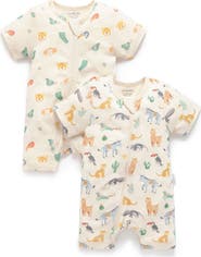 Purebaby 2 Pack Short Sleeve Zip Romper Animal
