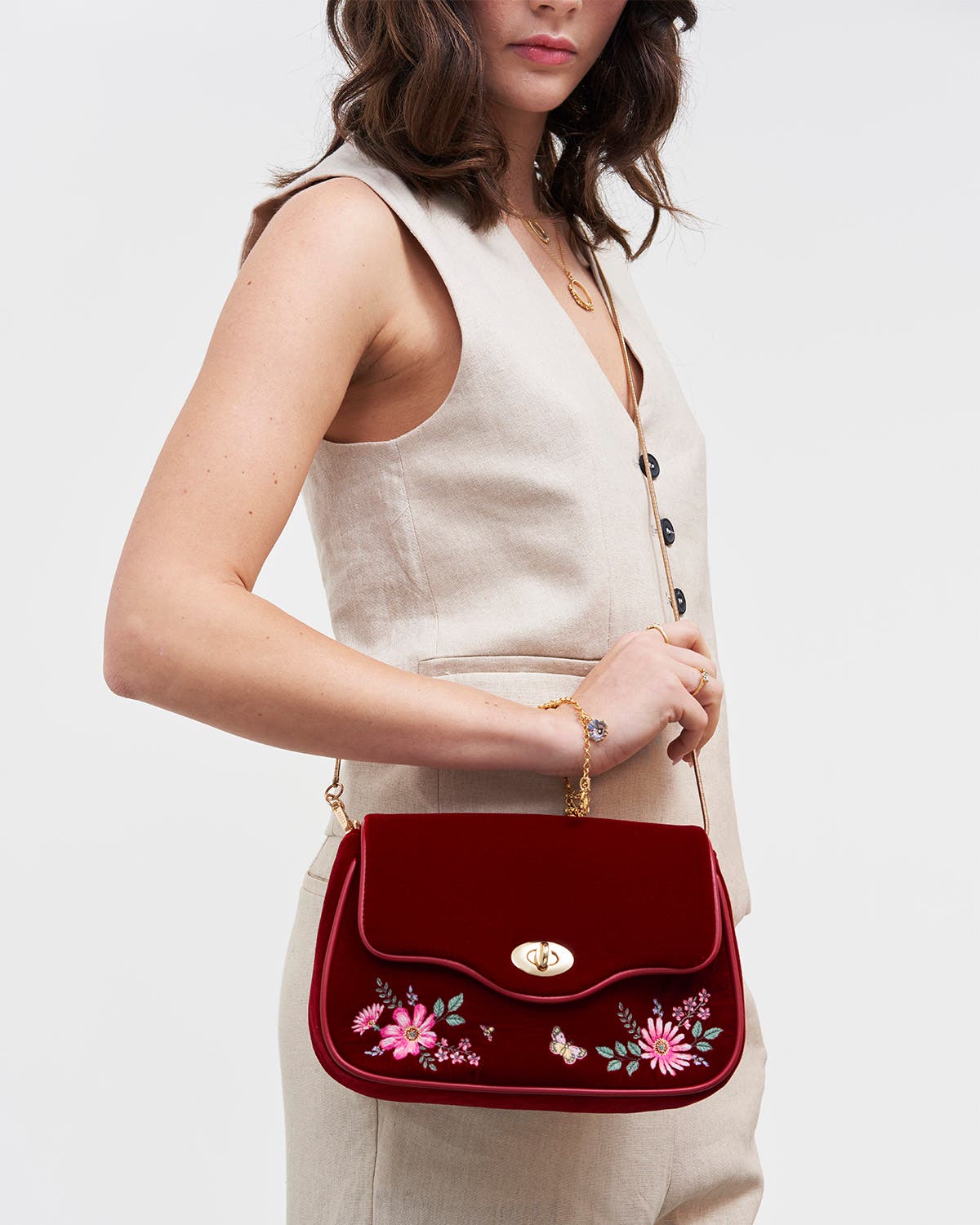 Fable England Mary Floral Embroidered Velvet Clutch, Alternate, color, Dark Red