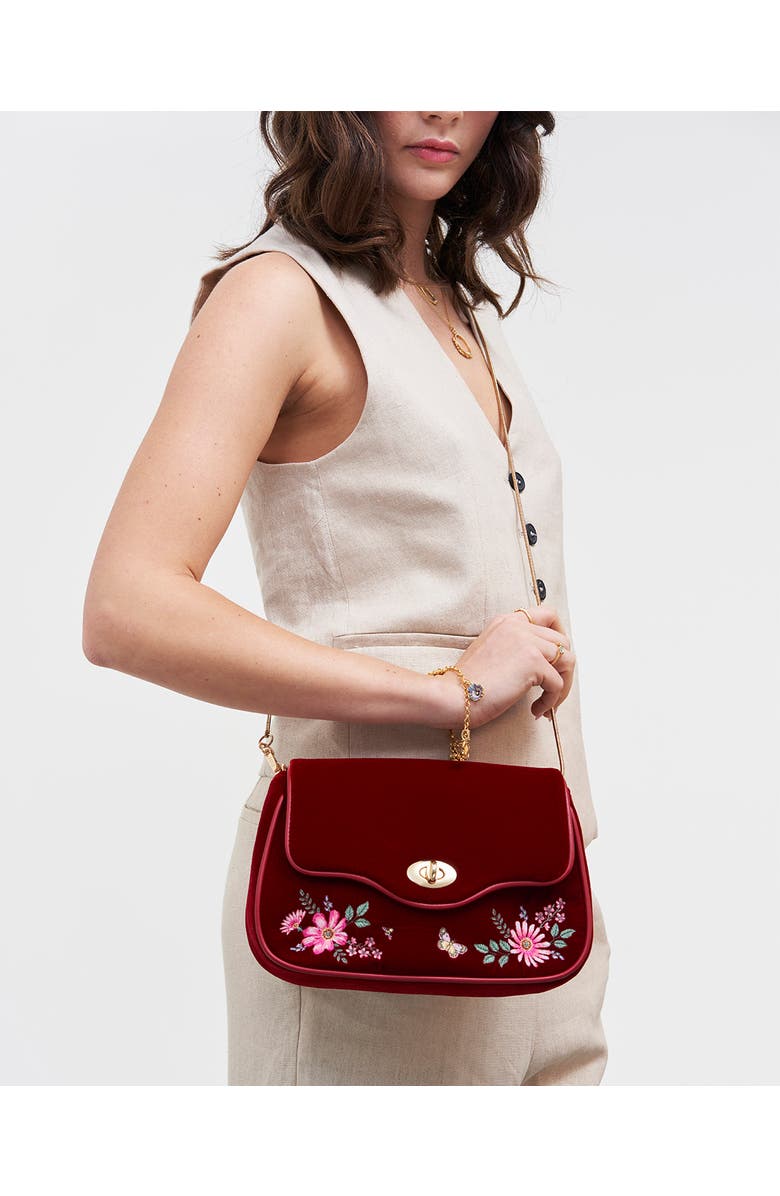 Fable England Mary Floral Embroidered Velvet Clutch, Alternate, color, Dark Red
