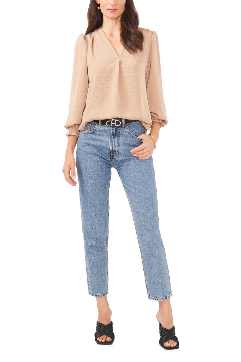 Smock Cuff Rumpled Satin Blouse, Alternate, color, FALL CAMEL