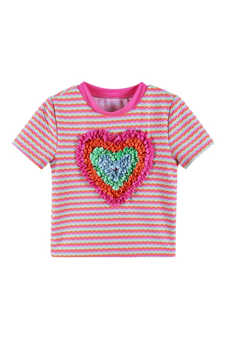 Kids' Stripe Ruffle Short Sleeve Two-Piece Rashguard Swimsuit, Alternate, color, PINK DOT STRIPE