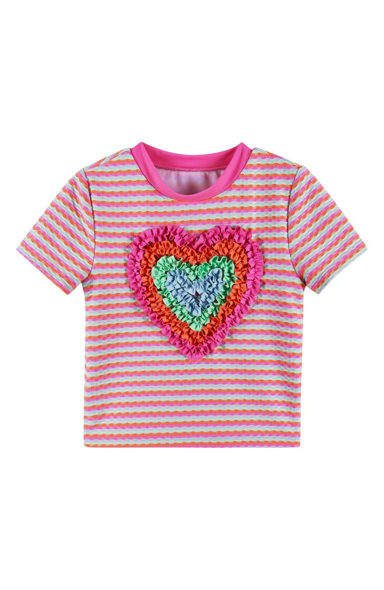 Andy & Evan Kids' Stripe Ruffle Short Sleeve Two-Piece Rashguard Swimsuit, Alternate, color, Pink Dot Stripe