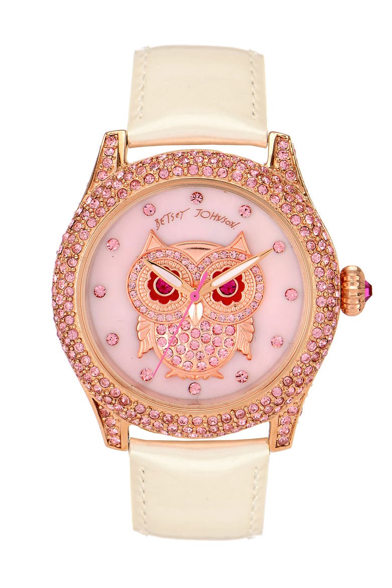 'Bling Bling Time' Owl Dial Watch, 40mm, Main, color, ROSE GOLD/ WHITE