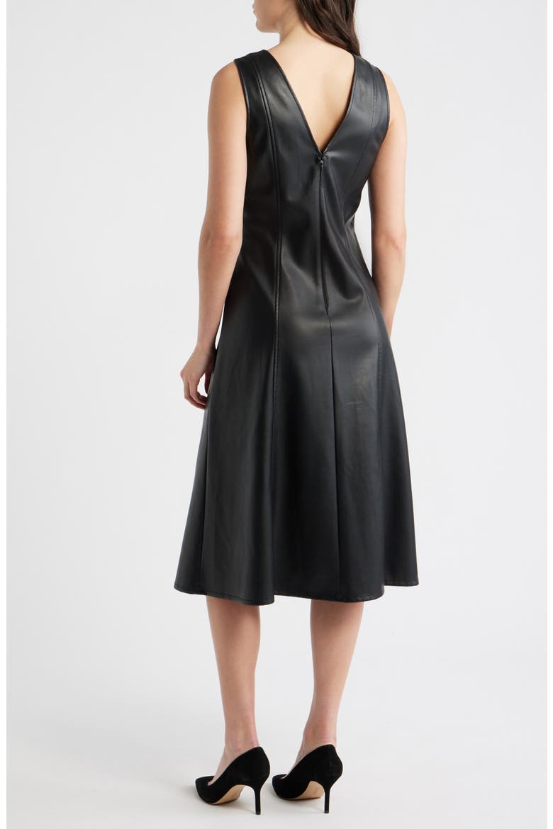 V-Neck Faux Leather Fit & Flare Midi Dress, Alternate, color, BLACK