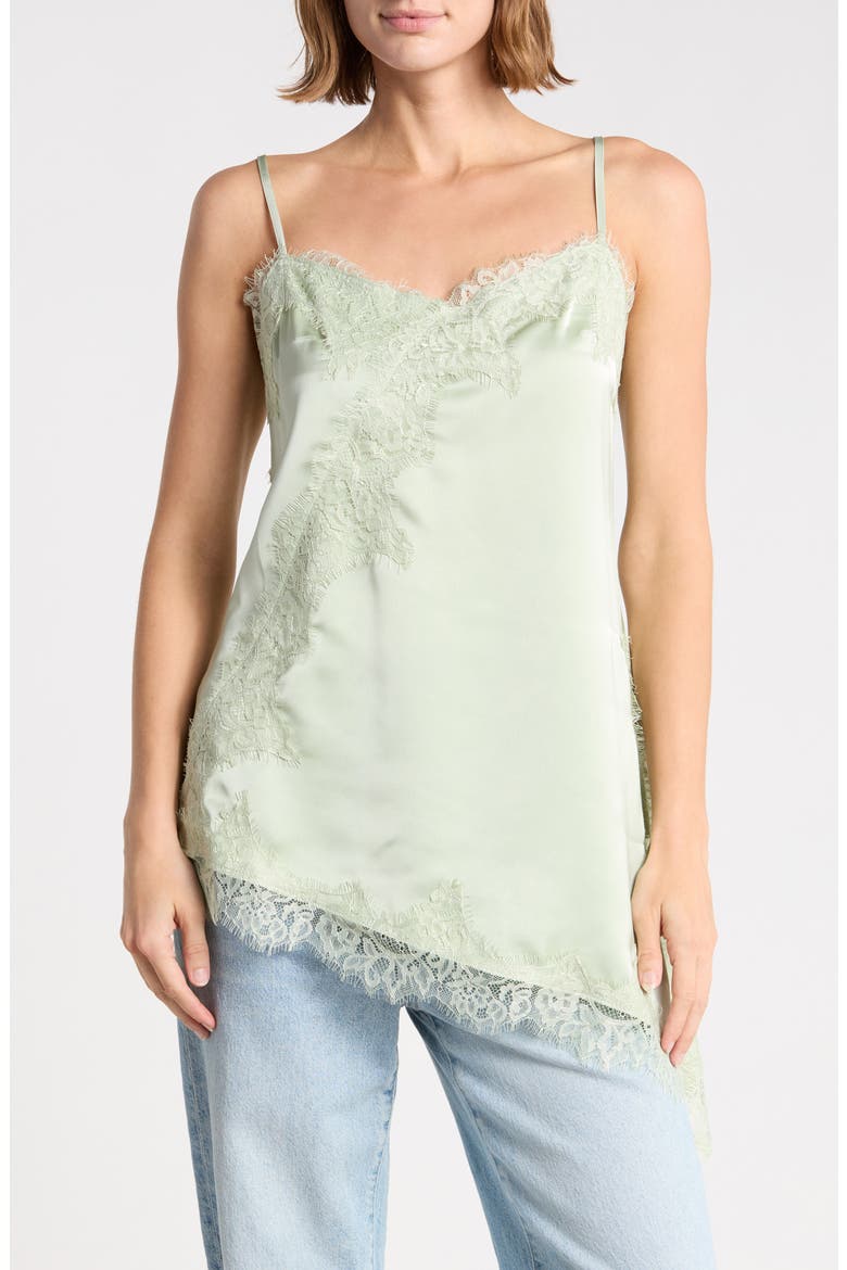 Lace Trim Asymmetric Satin Camisole, Main, color, PISTACHIO
