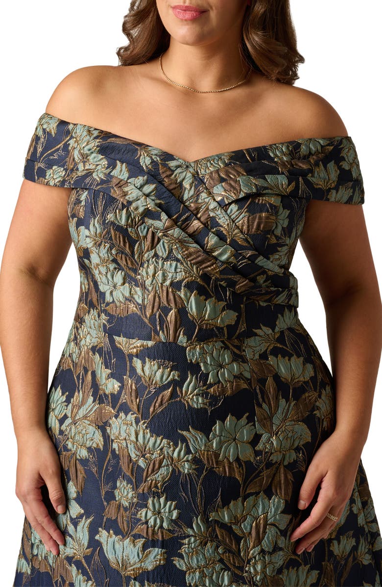 Adrianna Papell Metallic Floral Jacquard Off the Shoulder Gown, Alternate, color, Navy/ Teal Multi
