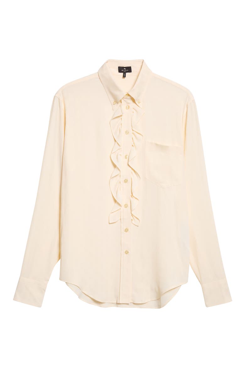 Ruffle Button Down Silk Blend Shirt, Alternate, color, BEIGE 3