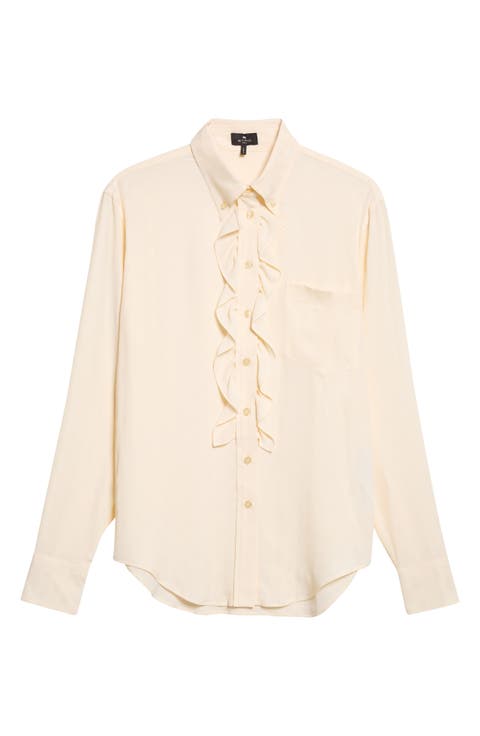 Ruffle Button Down Silk Blend Shirt
