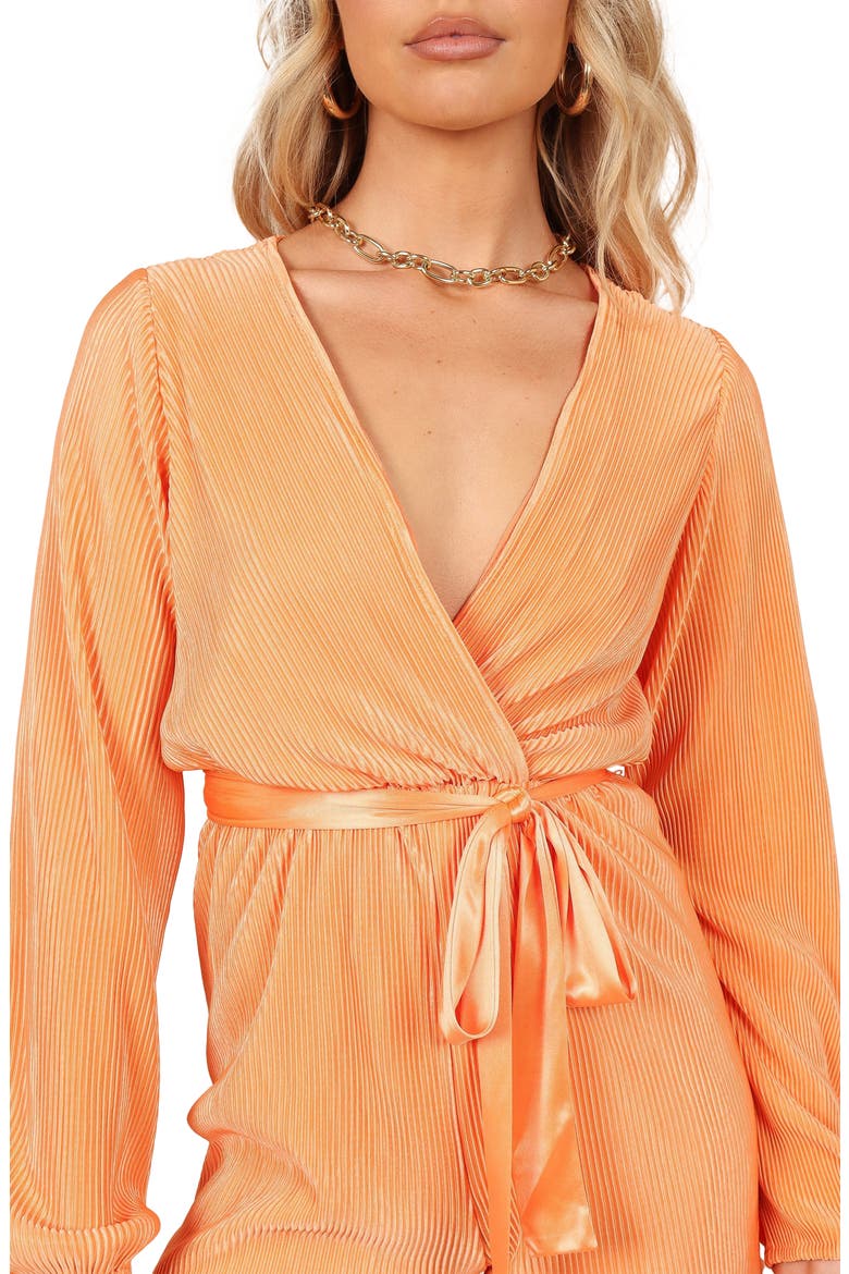 Minelli Pleated Tie Waist Long Sleeve Romper, Alternate, color, ORANGE