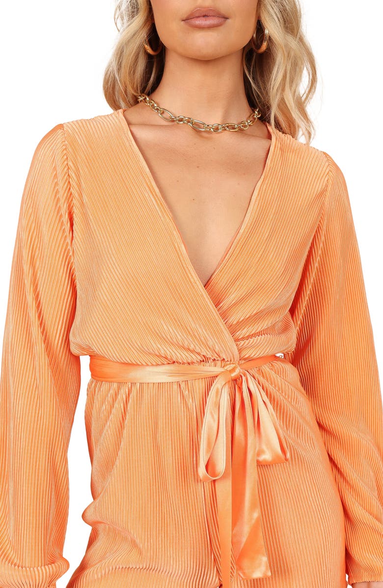 Petal & Pup Minelli Pleated Tie Waist Long Sleeve Romper, Alternate, color, Orange