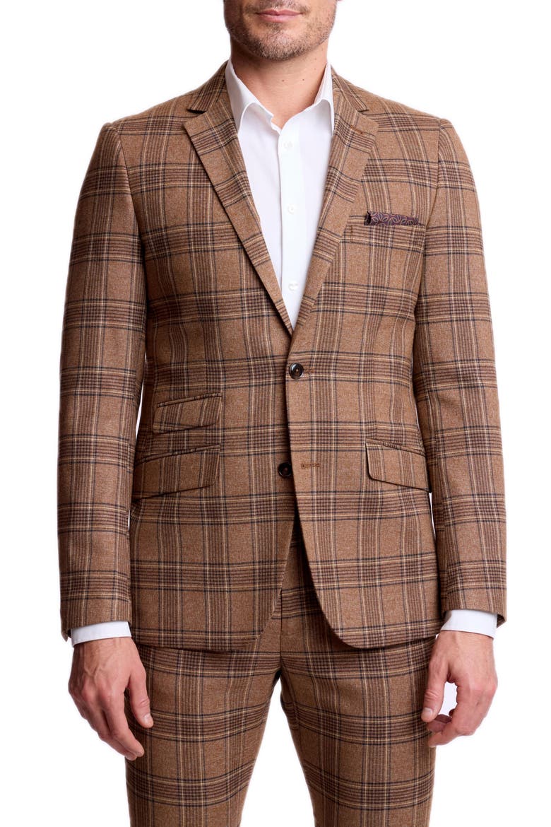Dover Slim Fit Plaid Notch Lapel Suit Jacket, Main, color, BROWN TAN PLAID