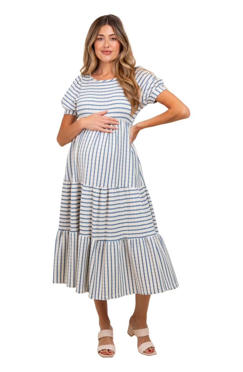 PinkBlush Striped Short Sleeve Tiered Maxi Dress, Main, color, Blue
