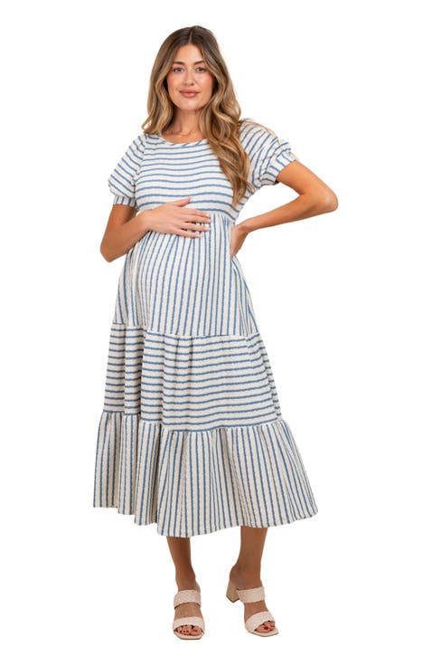 Striped Short Sleeve Tiered Maxi Dress