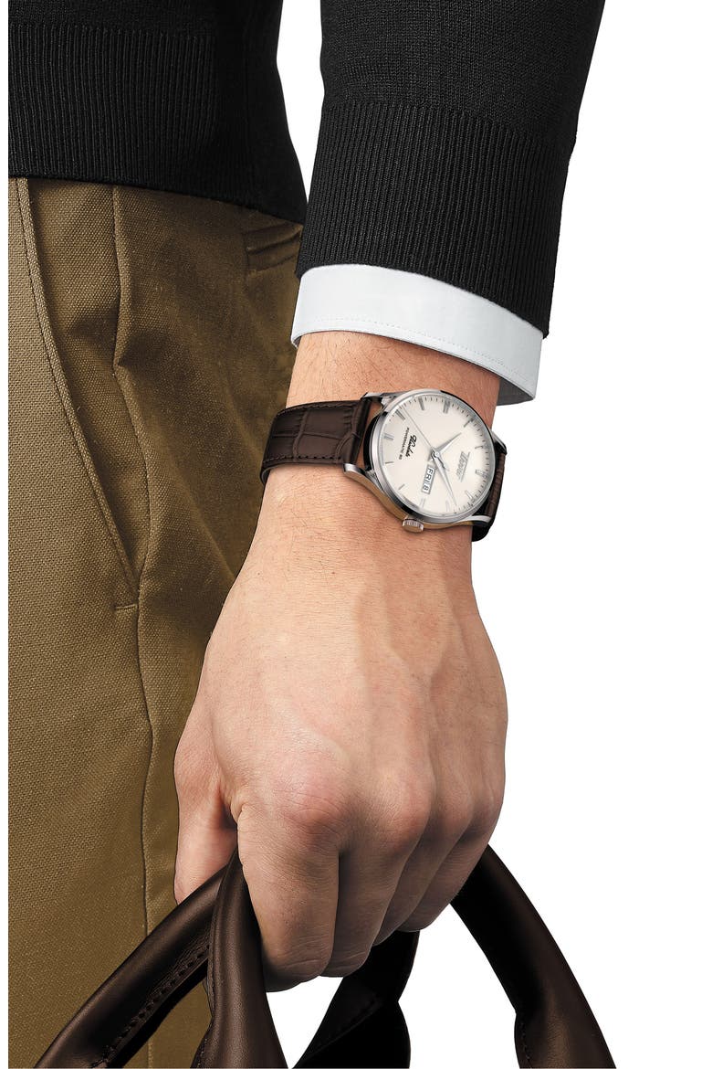 Visodate Automatic Leather Strap Watch, 42mm, Alternate, color, SILVER OPALIN