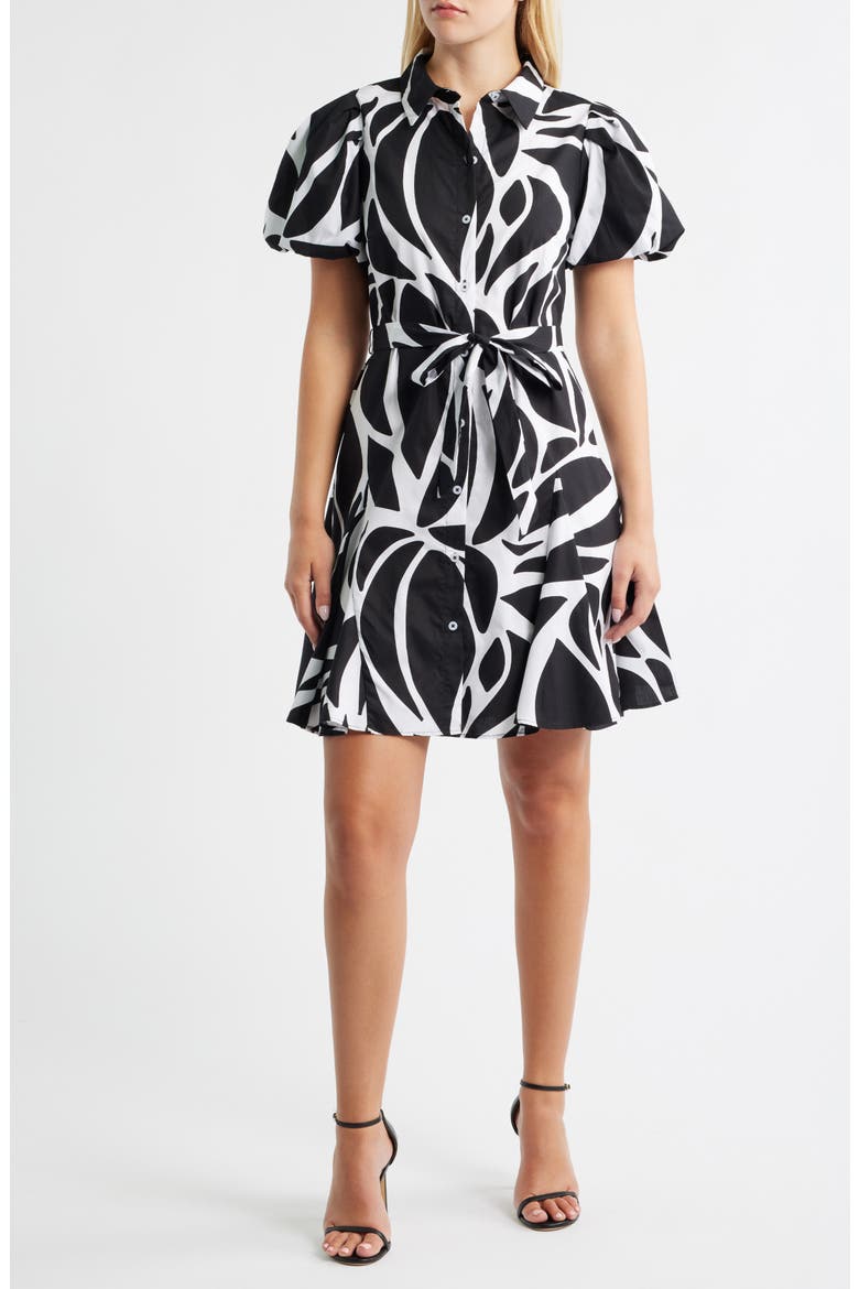 Abstract Print Short Sleeve Cotton Shirtdress, Main, color, RICH BLACK