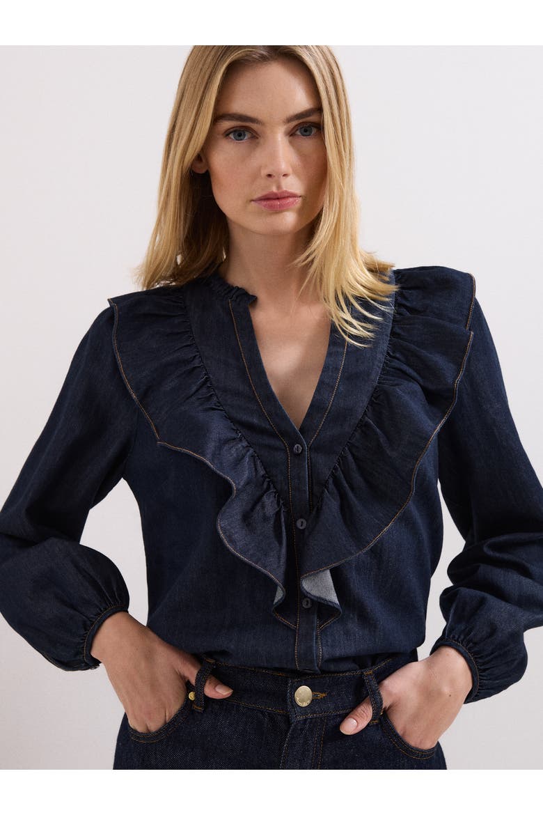 Alexia Denim Ruffle V-Neck Blouse, Main, color, Mid Wash