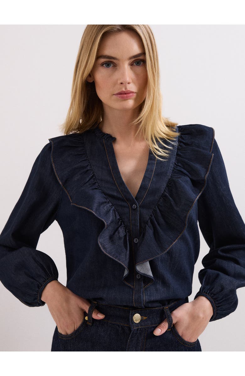 Phase Eight Alexia Denim Ruffle V-Neck Blouse, Main, color, Mid Wash