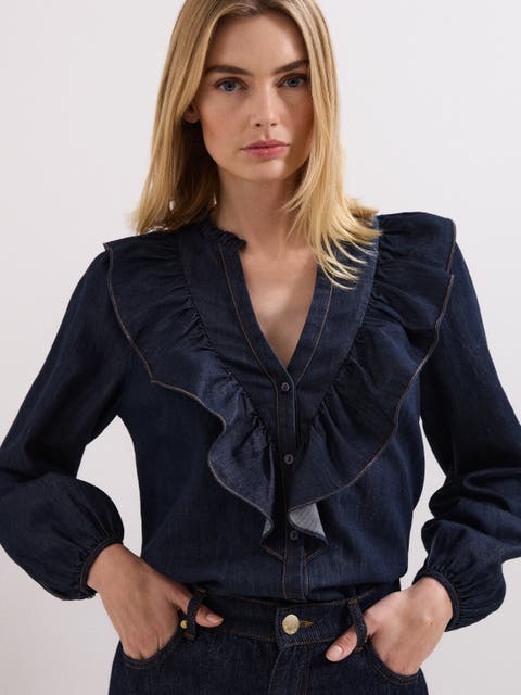 Alexia Denim Ruffle V-Neck Blouse