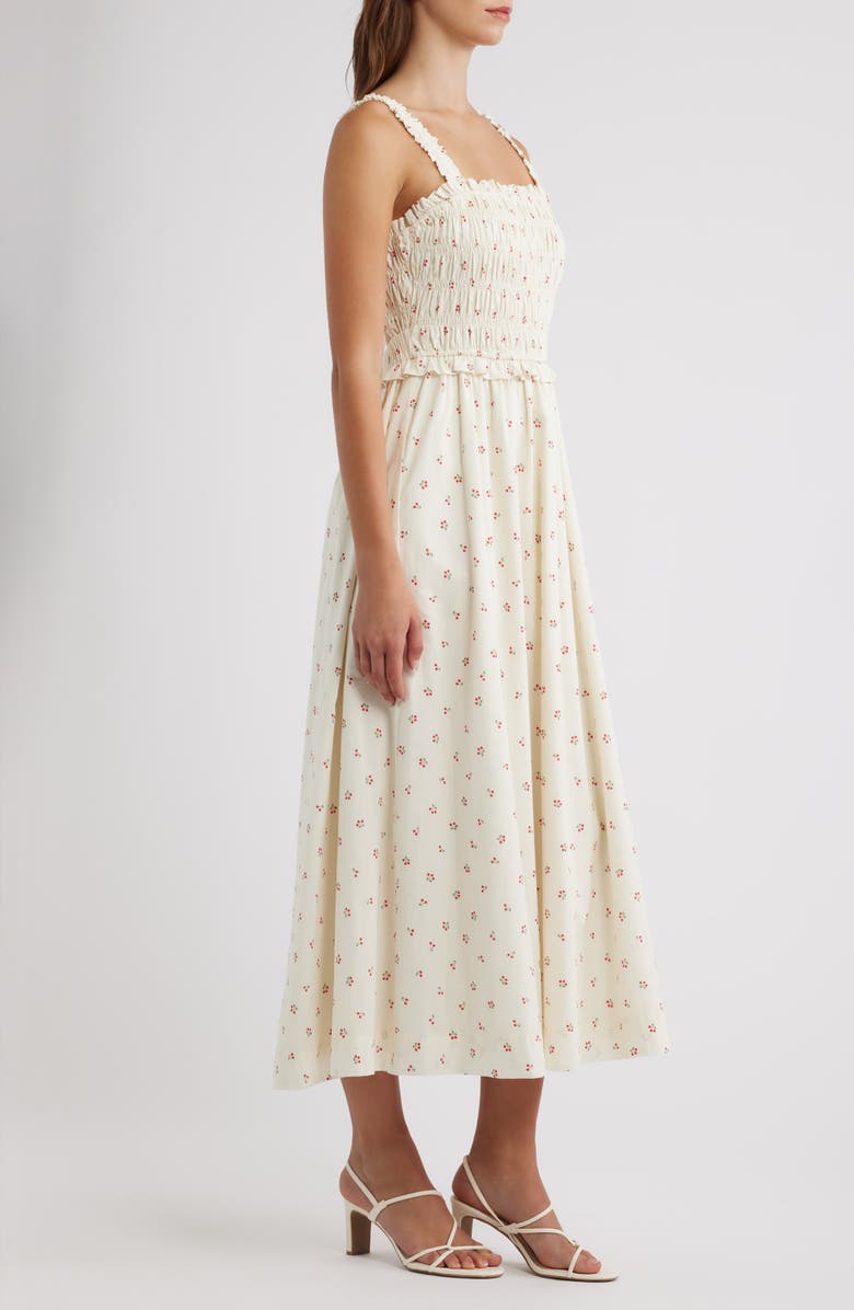 Lulus Amarena Smocked Midi Dress, Alternate, color, Cream Multi