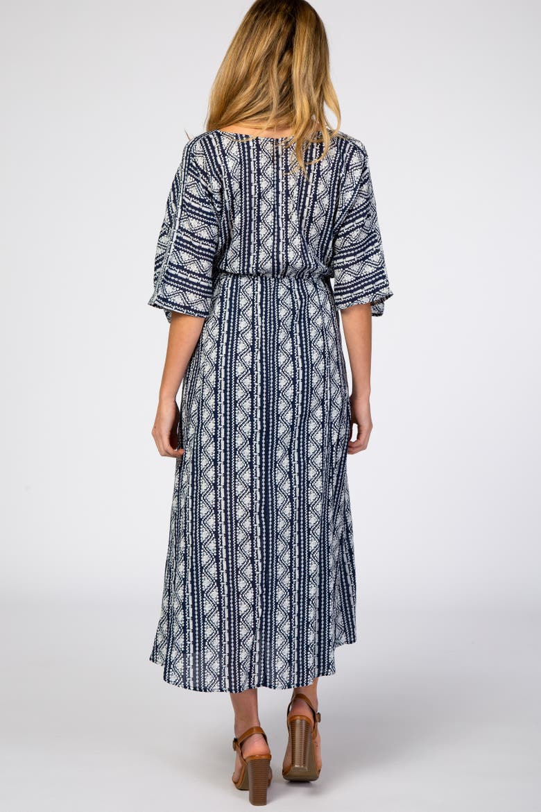 Printed V-Neck Midi Dress, Alternate, color, Navy Blue