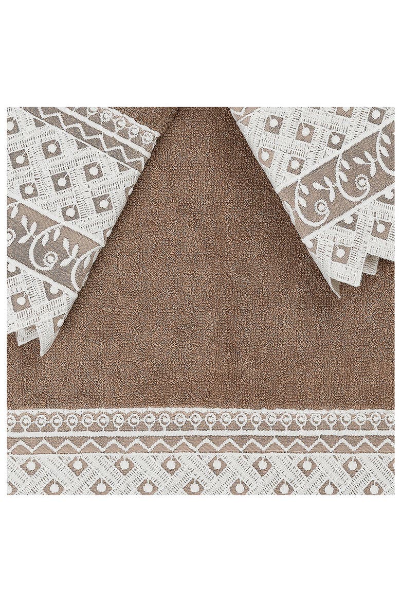 100% Turkish Cotton Aiden 3-Piece White Lace Embellished Towel Set, Alternate, color, LIGHT BROWN