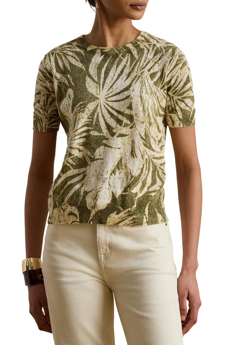 Floral Short Sleeve Linen & Cotton Sweater, Main, color, FARM OLIVE GREEN