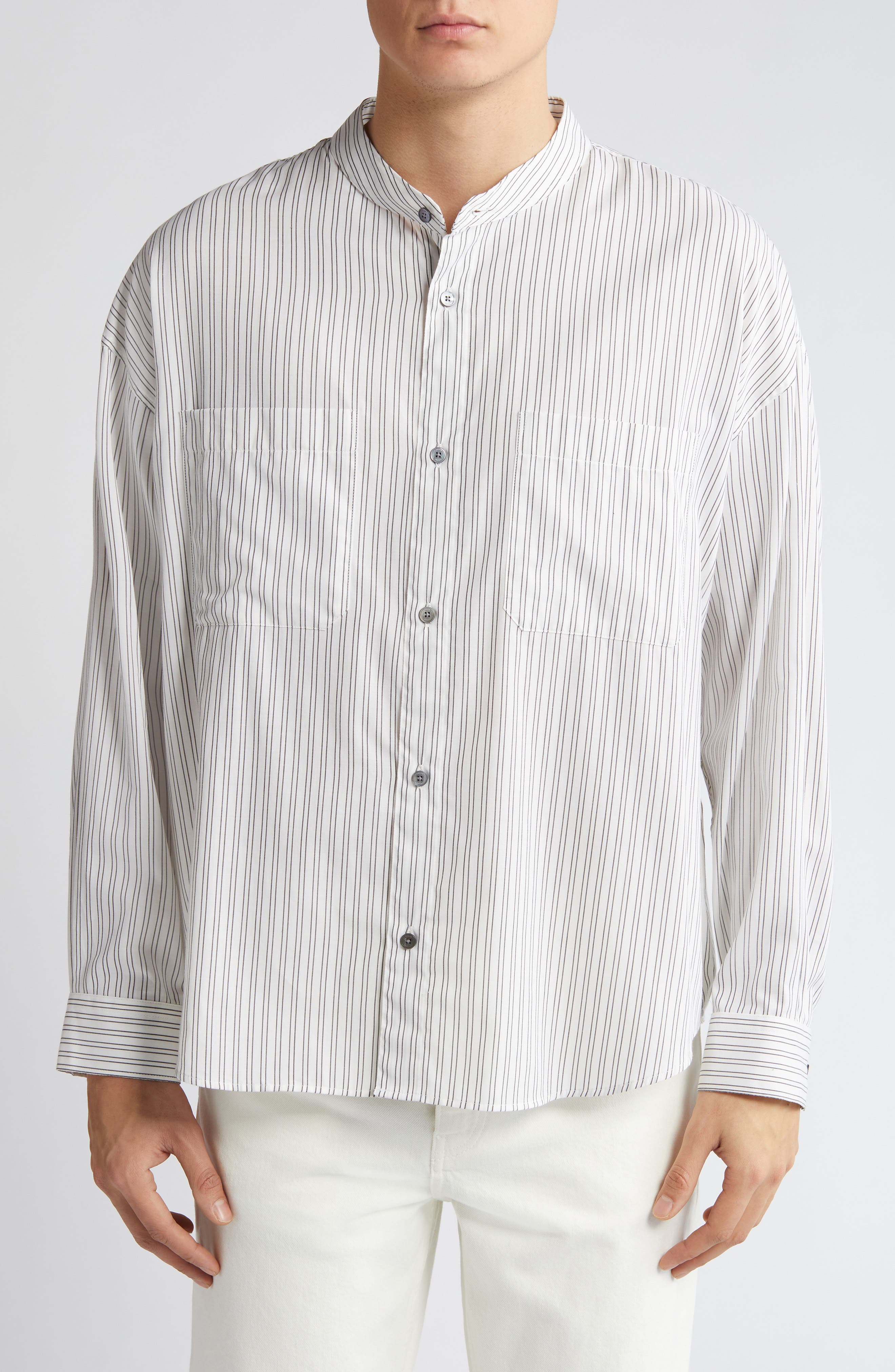 FRAME Pinstripe Band Collar Button-Up Shirt
