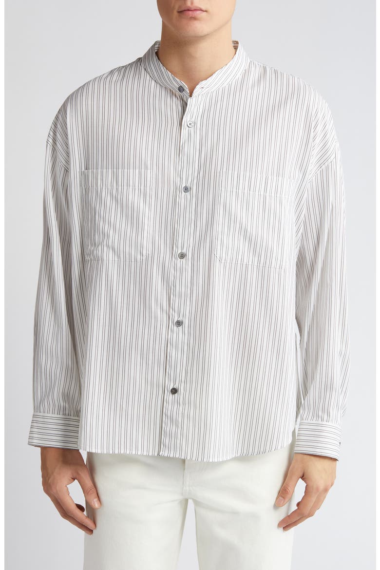 Pinstripe Band Collar Button-Up Shirt, Main, color, BLACK WHITE STRIPE
