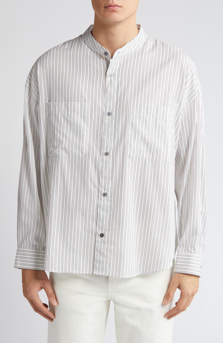 FRAME Pinstripe Band Collar Button-Up Shirt, Main, color, Black White Stripe