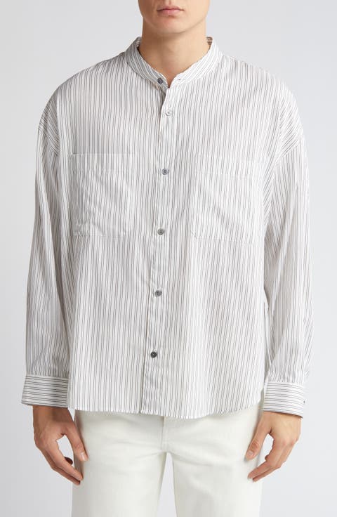 Pinstripe Band Collar Button-Up Shirt