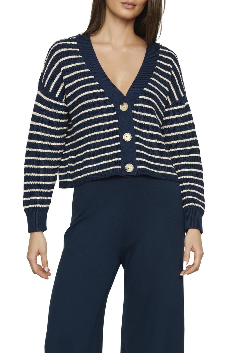 Coastal Cotton Sweater Cardigan, Main, color, STRIPE NAVY/ ALMOND H