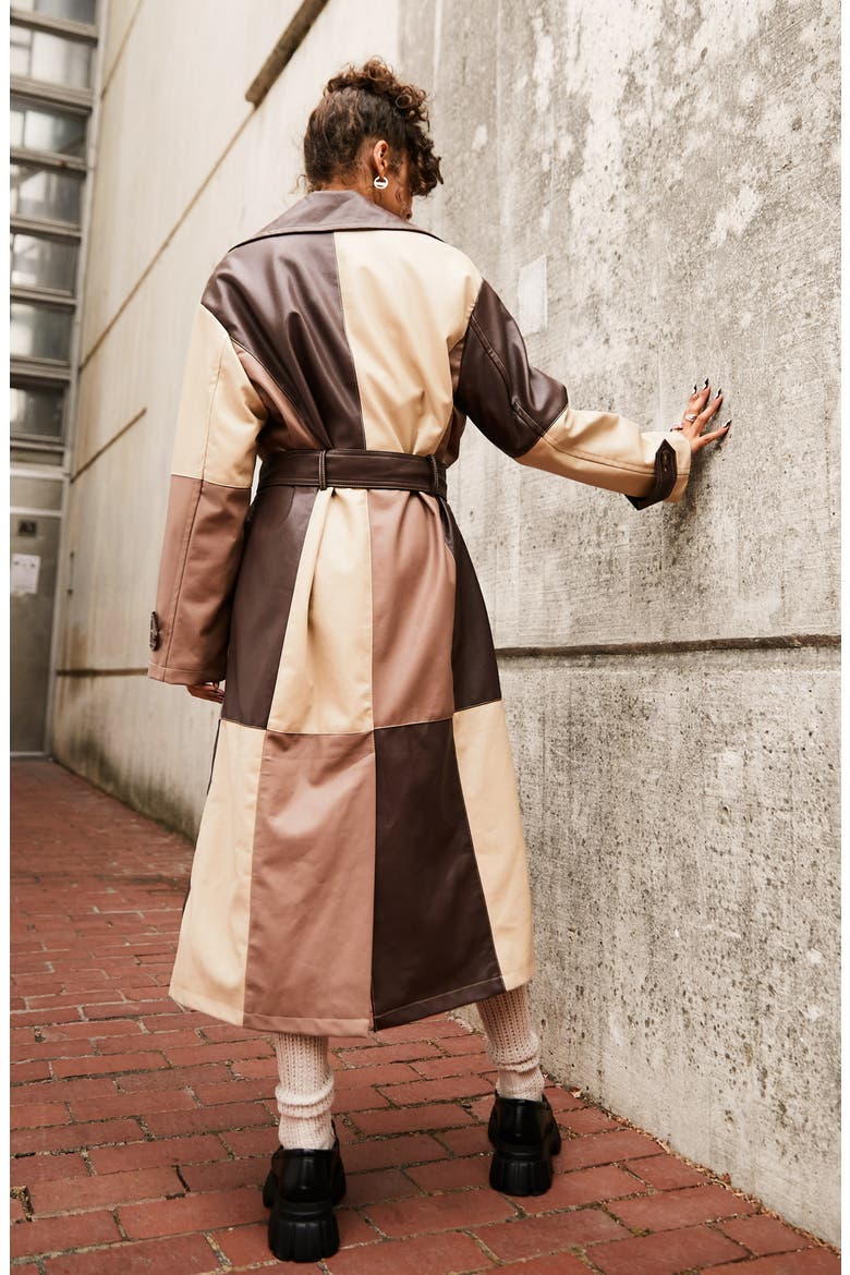 Patchwork Faux Leather Trench Coat, Alternate, color, BROWN