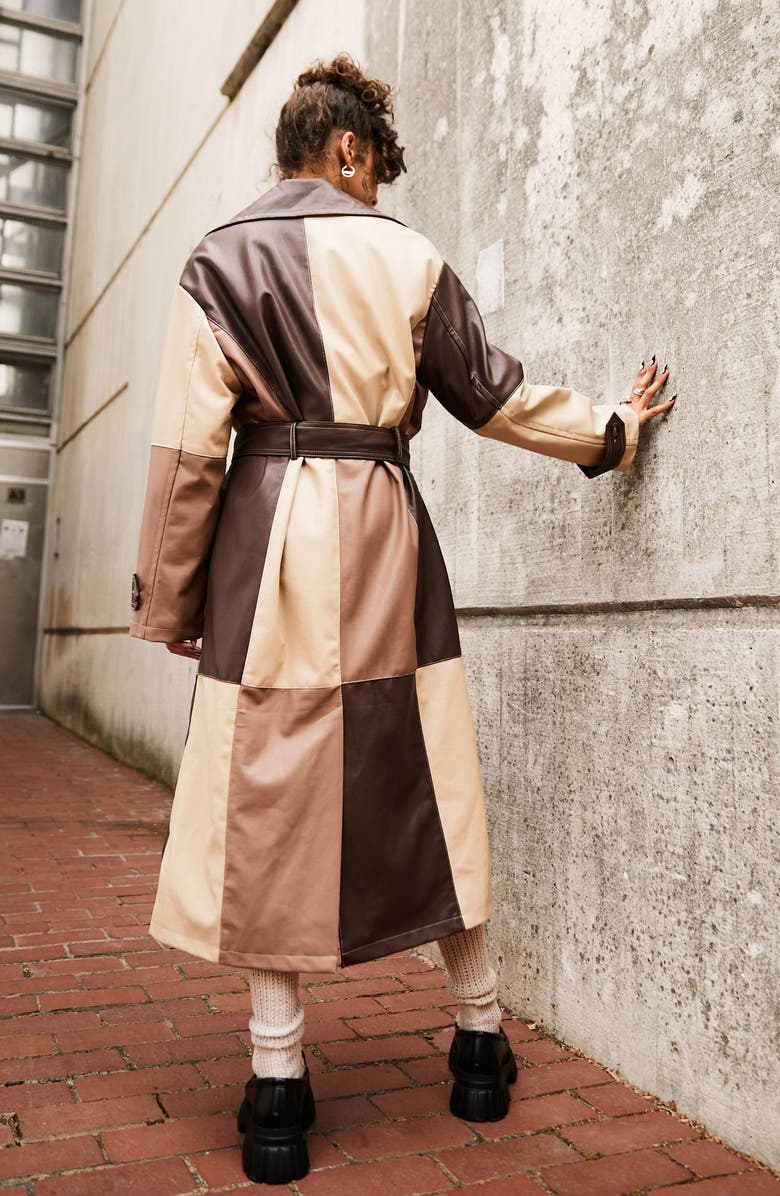 ASOS DESIGN Patchwork Faux Leather Trench Coat, Alternate, color,