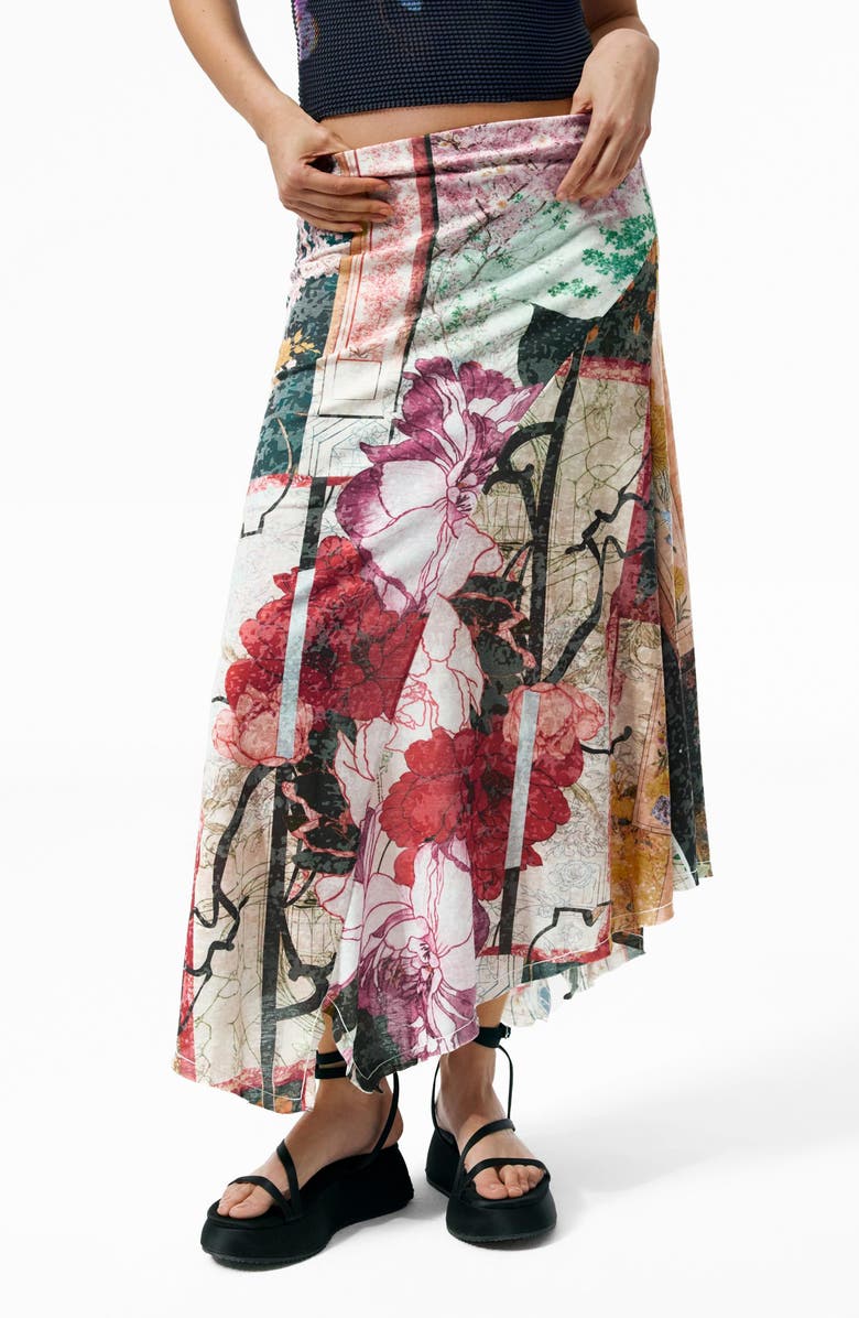Desigual Patchwork Print Asymmetric Skirt, Main, color, Black