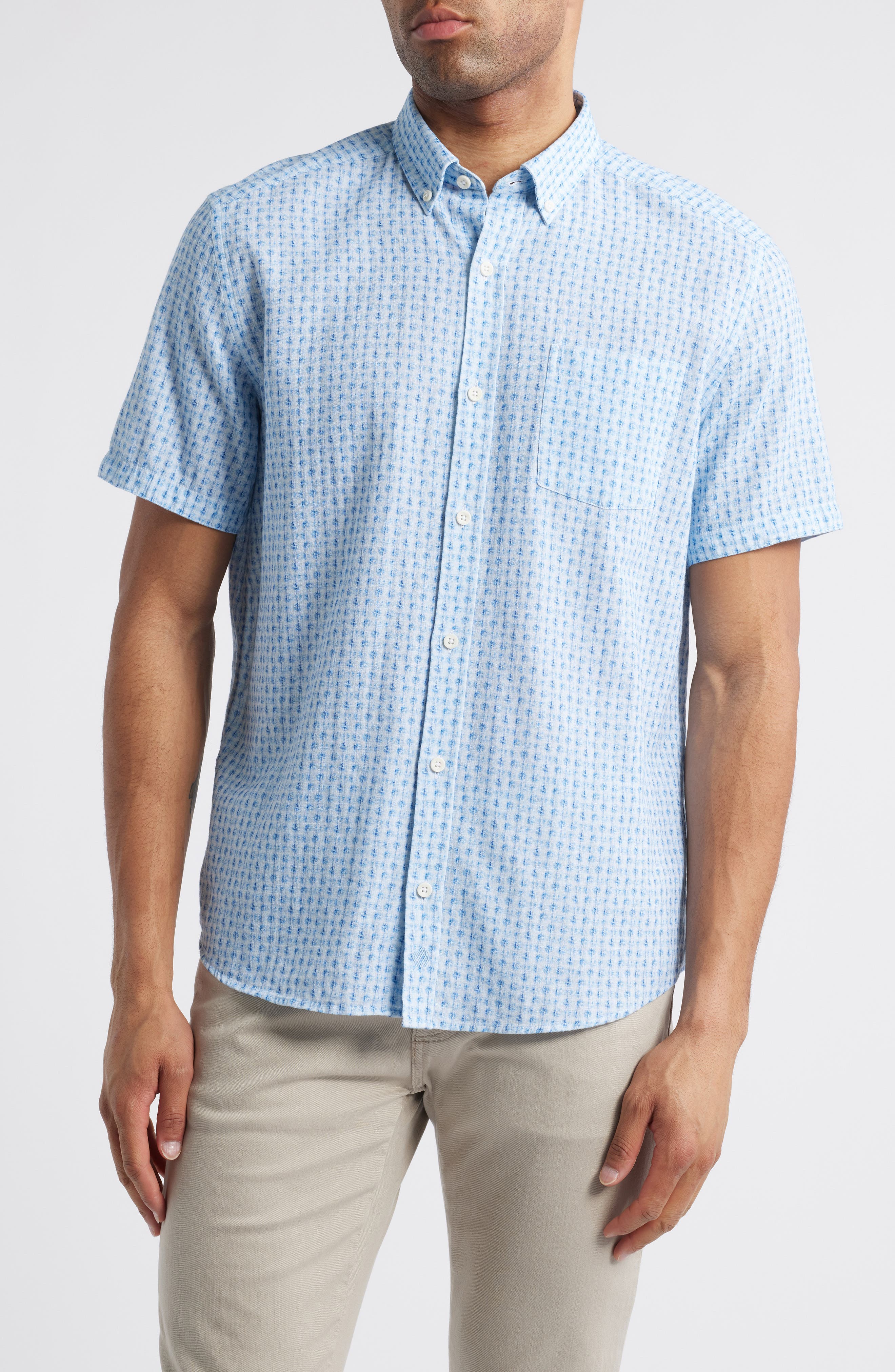 Illusion Print Short Sleeve Cotton Button-Down Shirt