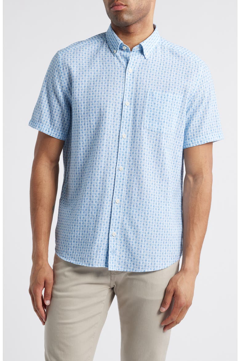 Illusion Print Short Sleeve Cotton Button-Down Shirt, Main, color, BLUE