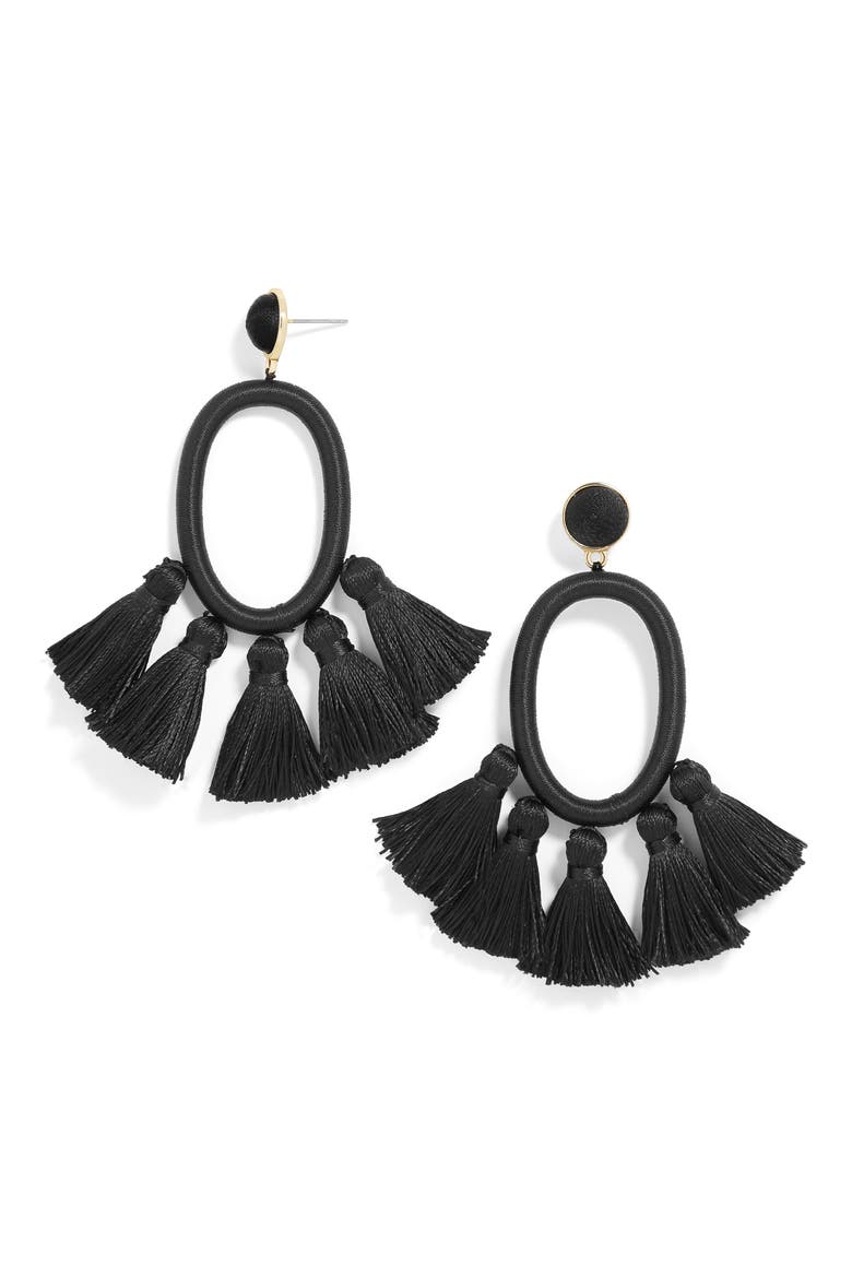Tassel Oval Hoop Earrings, Main, color, BLACK