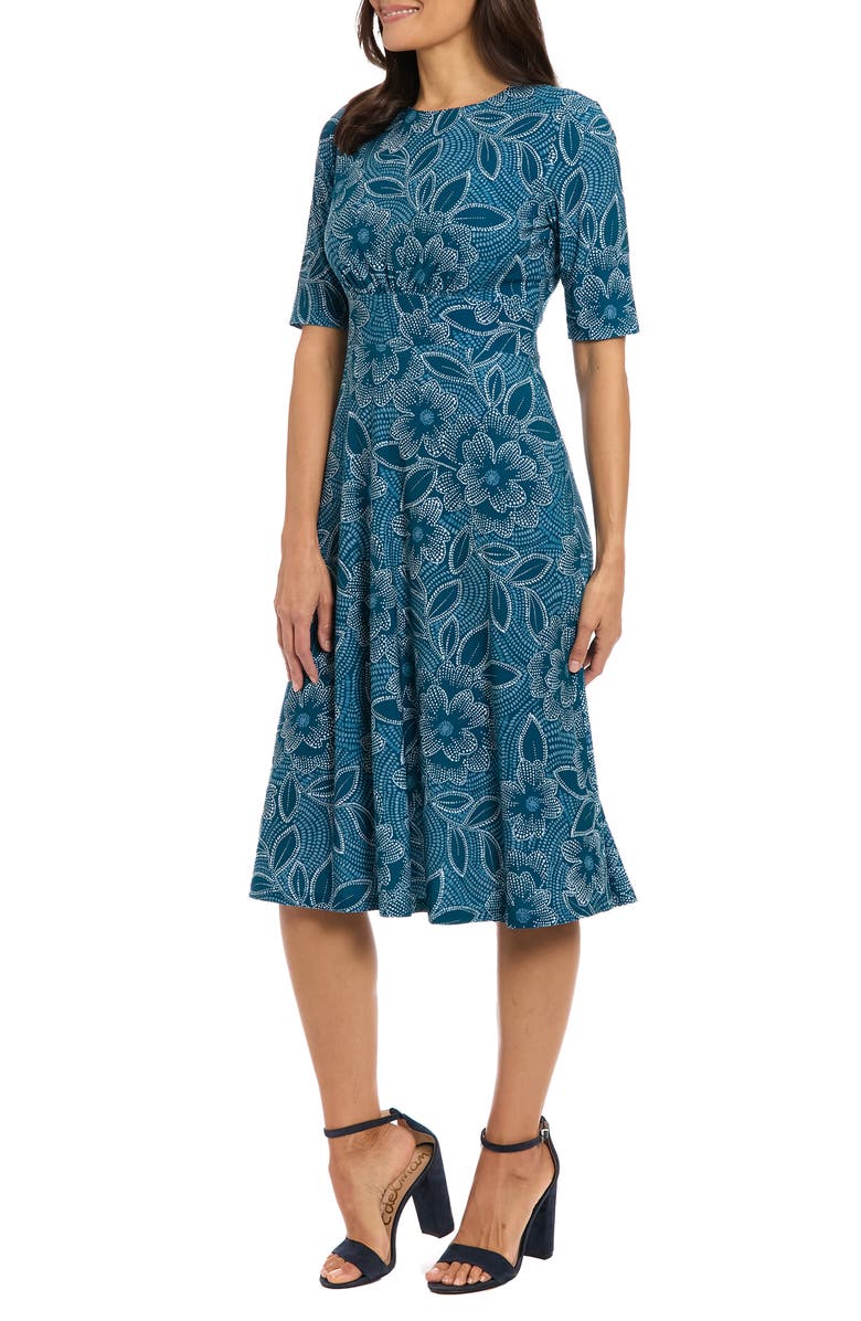 London Times Floral Short Sleeve Inset Waist Midi Dress, Alternate, color, Navy/ Blue