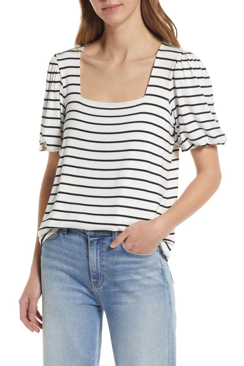 Stripe Puff Sleeve Square Neck T-Shirt, Main, color, IVORY/ BLACK STRIPE