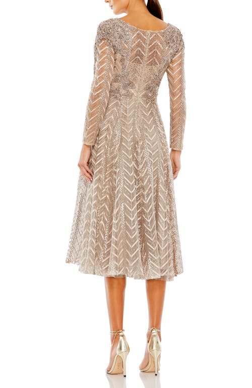 Mac Duggal Embellished Long Sleeve Wrap Over Dress In Taupe