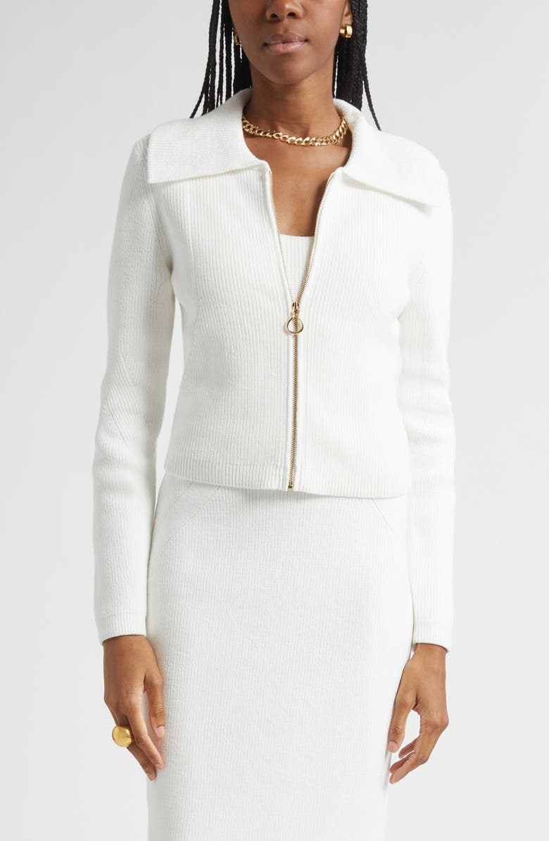 ST. JOHN Rib Knit Zip Cardigan, Main, color, Bright White