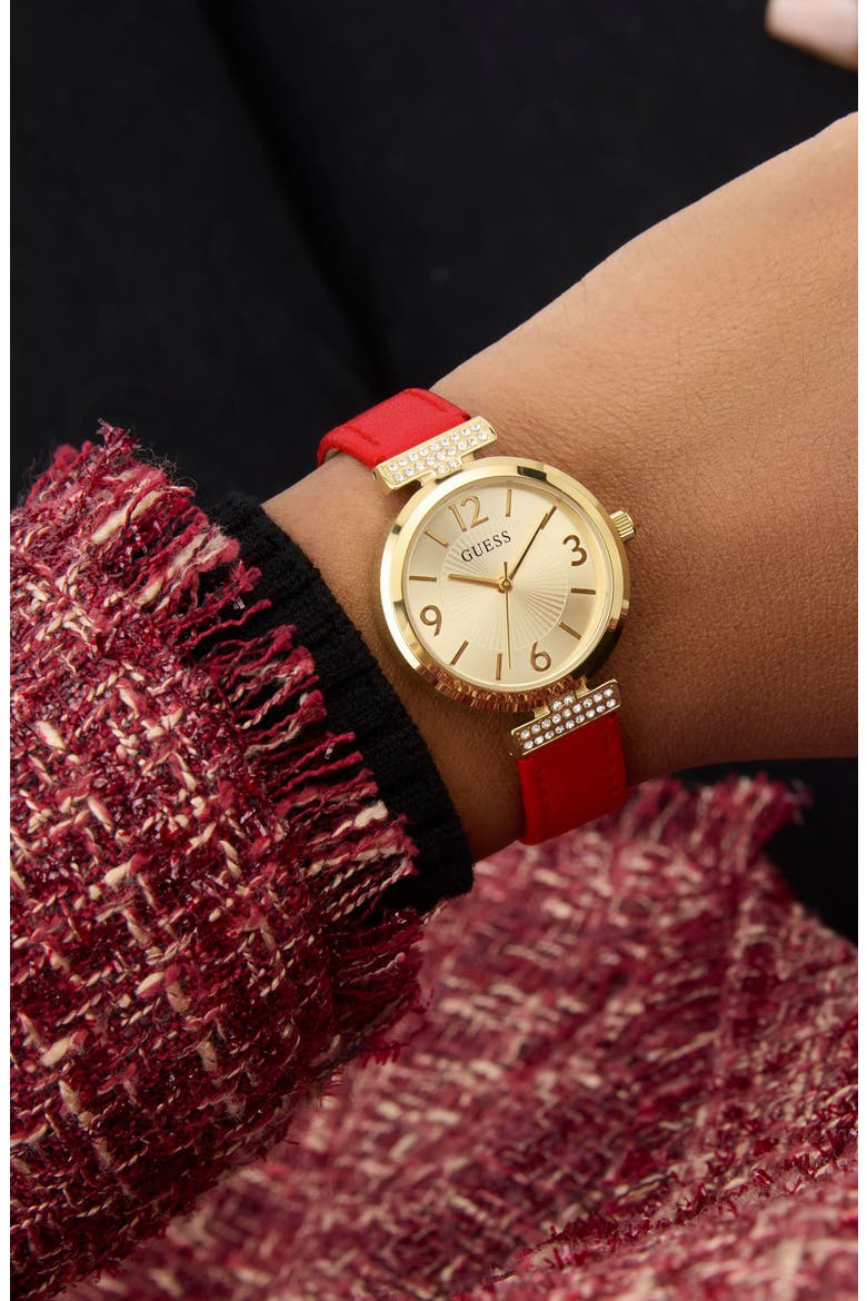 Goldtone Red Leather Strap Watch, 28mm, Alternate, color, RED