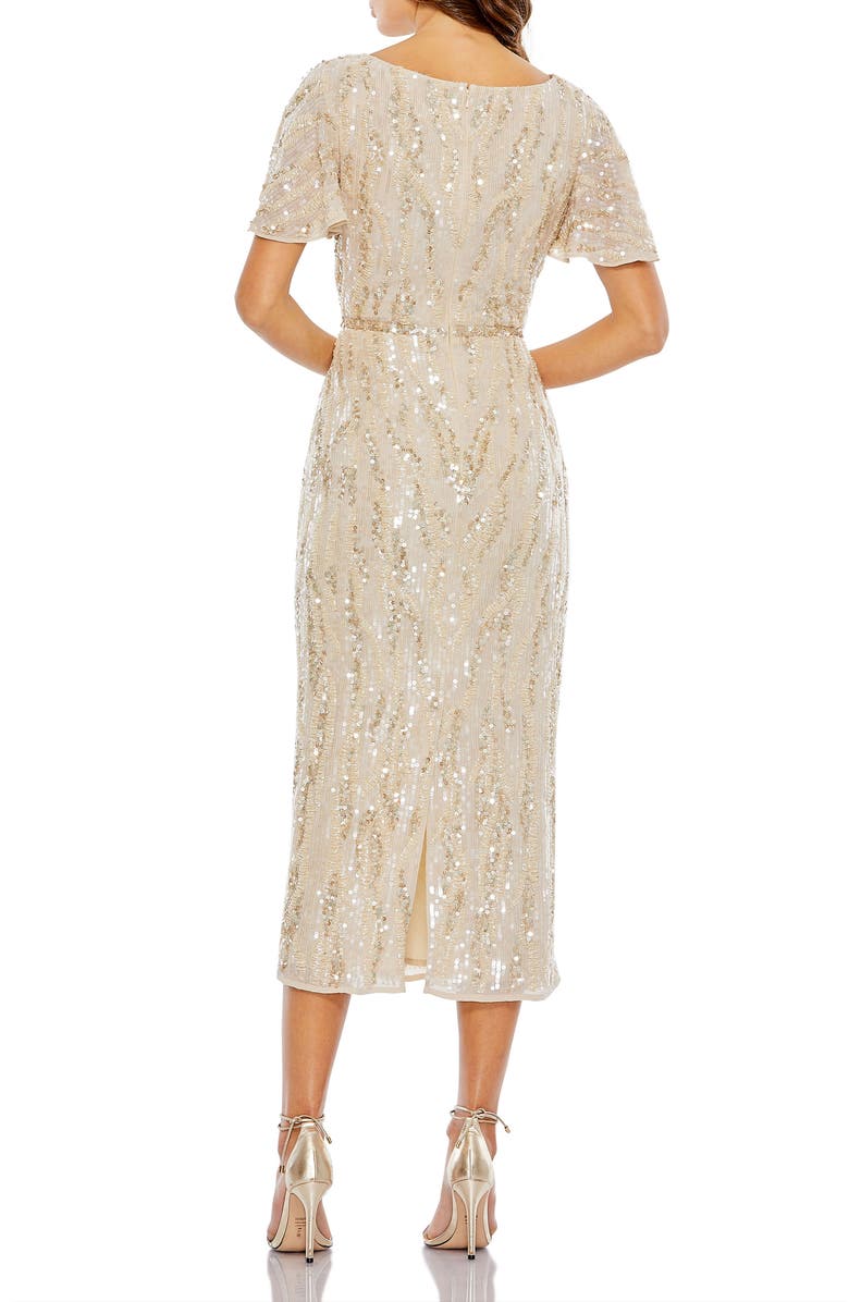 Mac Duggal Sequined V Neck Flutter Sleeve Tea Length Dress, Alternate, color, Oyster