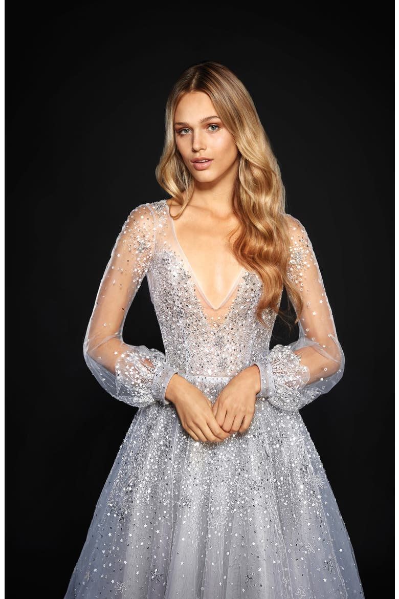 Lumi Embellished Long Sleeve Tulle Ballgown, Alternate, color, BLUEMOON