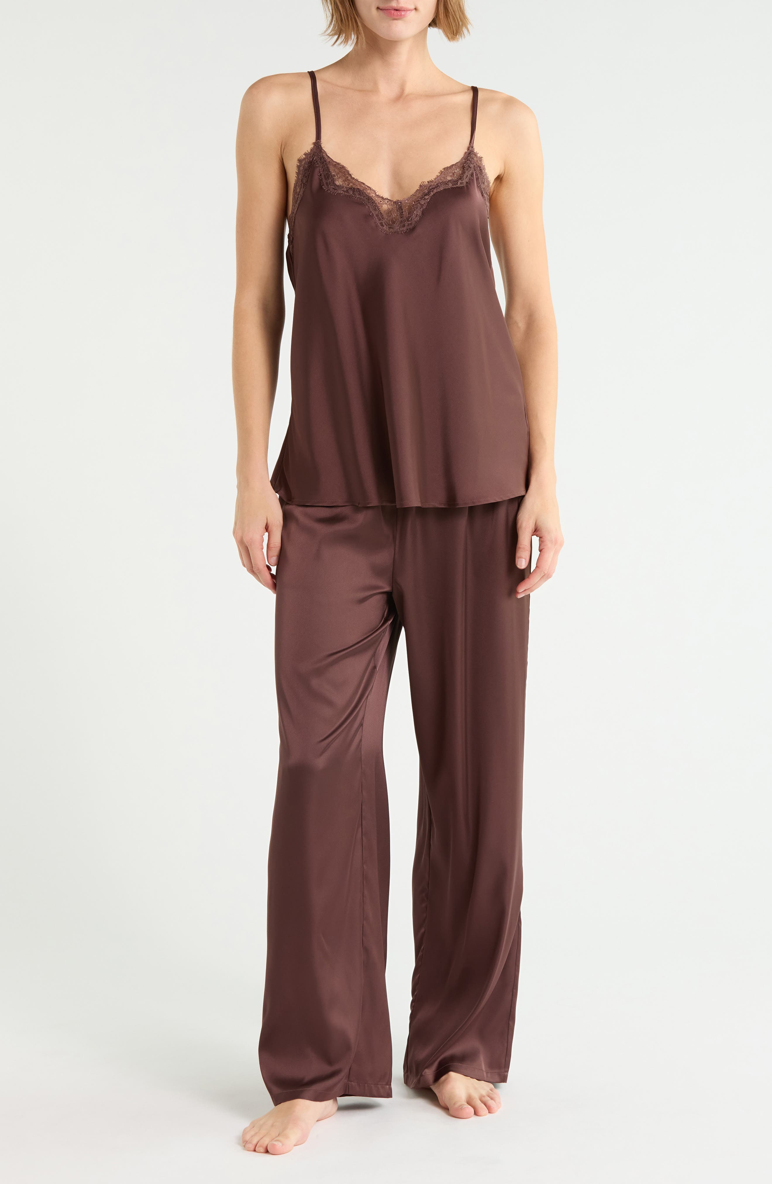 Lace Trim Satin Camisole & Pants Pajamas