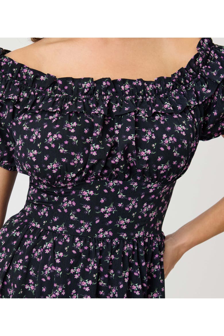 1950s Off The Shoulder Ruffle Swing Dress, Alternate, color, Black w/ Purple Floral Print