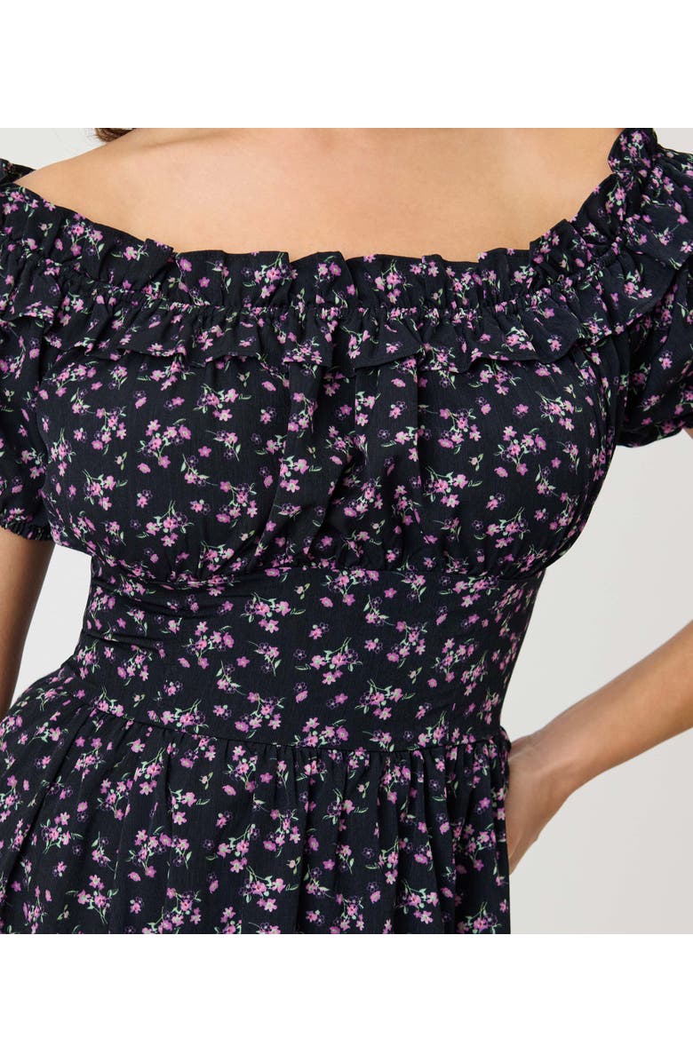 Unique Vintage 1950s Off The Shoulder Ruffle Swing Dress, Alternate, color, Black W/ Purple Floral Print