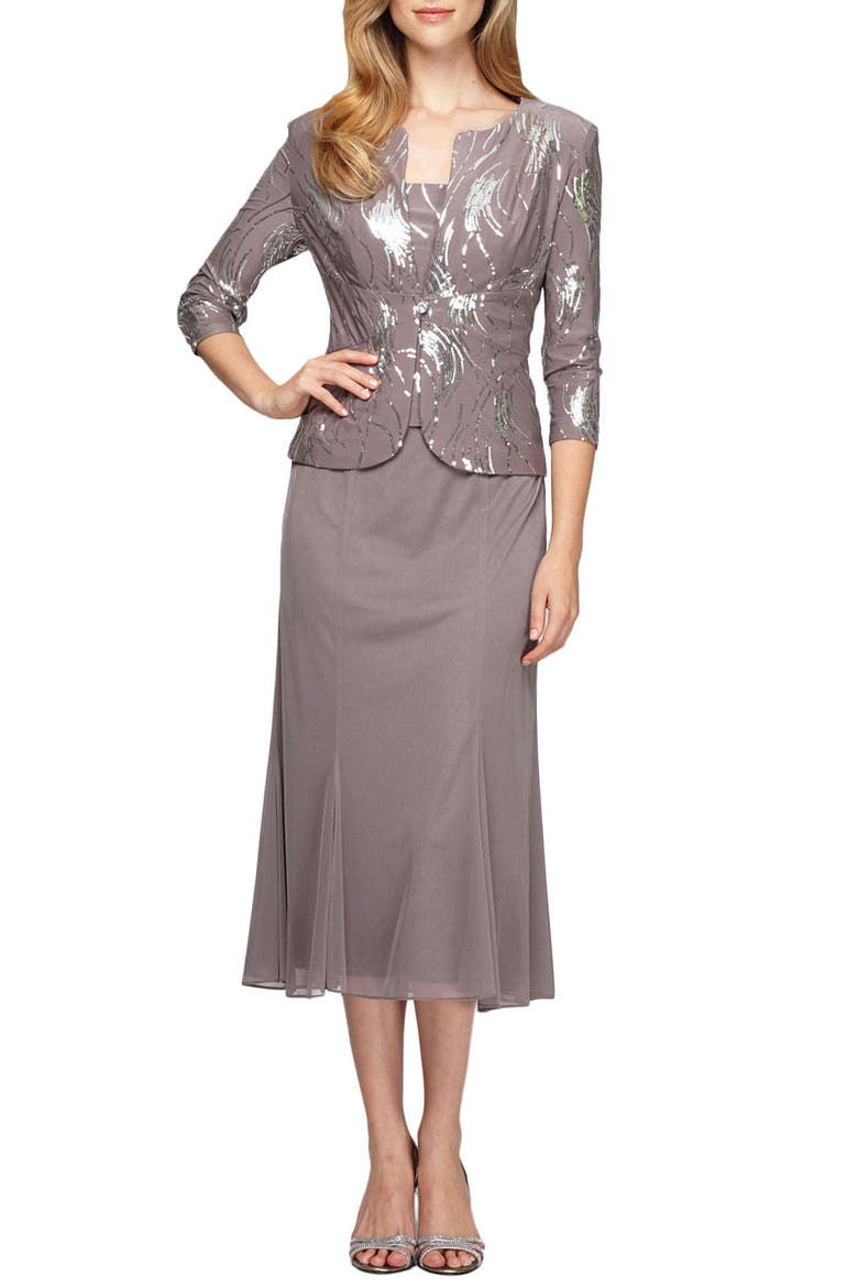 Sequin Midi Dress with Jacket, Main, color, PEWTER FROST