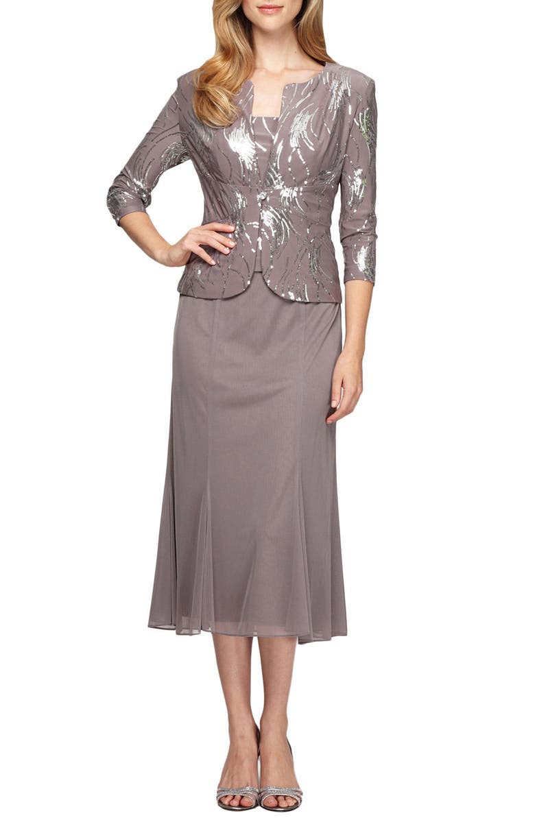 Alex Evenings Sequin Midi Dress with Jacket, Main, color, Pewter Frost